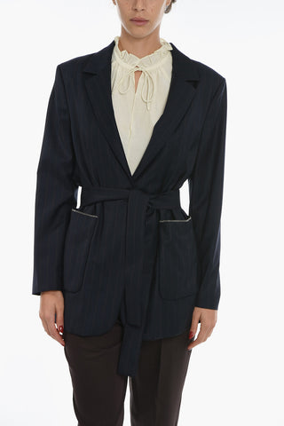 Pinstriped Single Breasted Blazer With Rhinestone Detailing