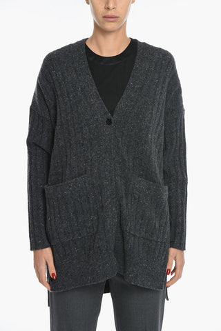 Ribbed Wool Blend Cardigan with Asymmetric Design