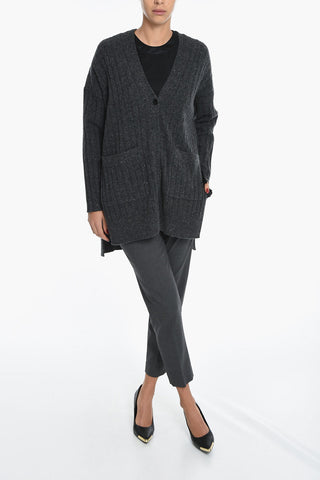 Ribbed Wool Blend Cardigan with Asymmetric Design