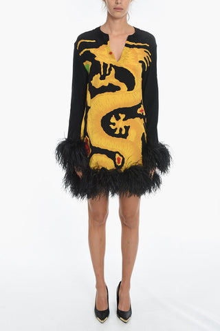 V-neck Silk Dress with Feathered Edges