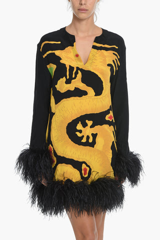 V-neck Silk Dress with Feathered Edges
