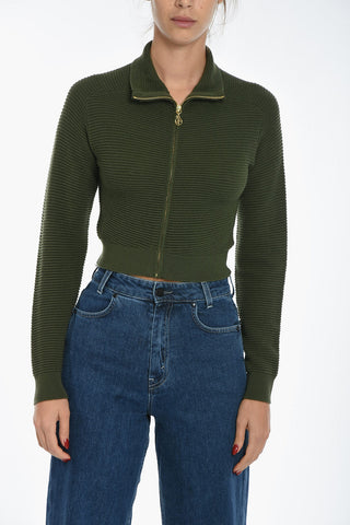 Zipped Cropped Fit Sweater with Polo Neck