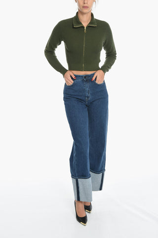 Zipped Cropped Fit Sweater with Polo Neck
