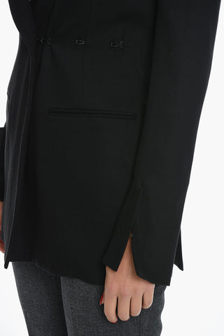 Solid Color AMEDEO Double-Breasted Blazer with Hook Closure and Peak Lapel