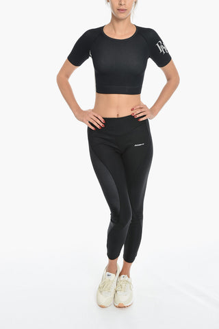 Solid Color Stretch Leggings with Contrasting Logo