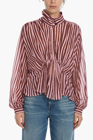 Silk-blend Voile Blouse in Awning-stripe Motif