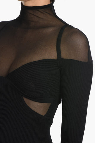 Vestito Attillato a Coste con Dettaglio Semi-Trasparente