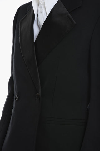 Curved Sleeve Wool Blazer With Satin Details
