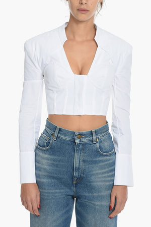 Top Cropped A maniche Lunghe In Cotone Popeline