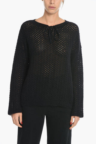 Crochet Wool Blend Sweater with Lace-up Neck