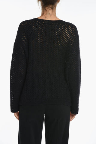 Crochet Wool Blend Sweater with Lace-up Neck