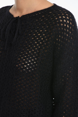 Crochet Wool Blend Sweater with Lace-up Neck