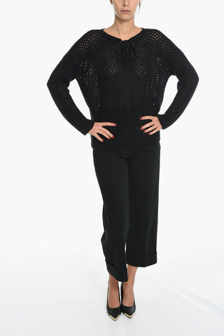 Crochet Wool Blend Sweater with Lace-up Neck