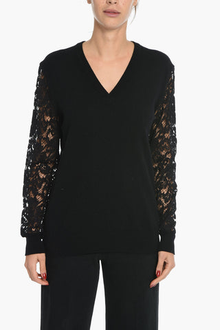 V-Neck Cashmere Blend Sweater with Lace Sleeves