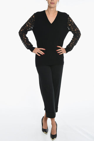 V-Neck Cashmere Blend Sweater with Lace Sleeves