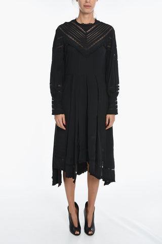 Long-Sleeved Flared Silk Dress with Lace Details