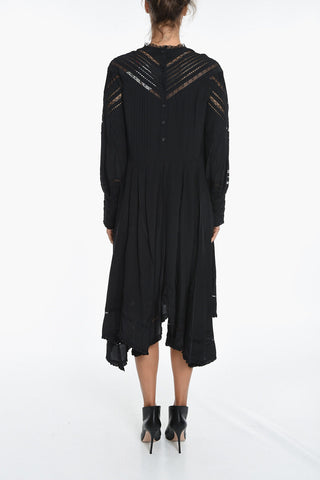 Long-Sleeved Flared Silk Dress with Lace Details