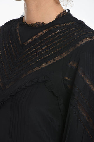 Long-Sleeved Flared Silk Dress with Lace Details