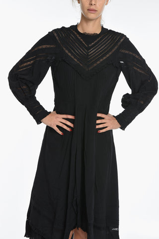 Long-Sleeved Flared Silk Dress with Lace Details