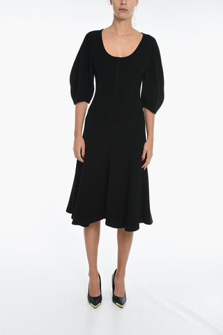 Flared Virgin Wool Dress with  3/4 Balloon Sleeves
