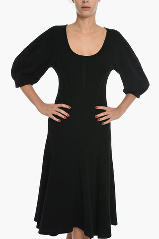 Flared Virgin Wool Dress with  3/4 Balloon Sleeves