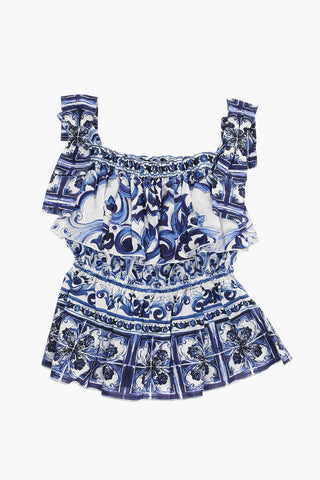 Majolica-Printed Sleeveless Dress with Bow Details