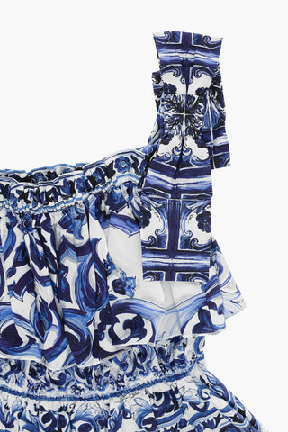 Majolica-Printed Sleeveless Dress with Bow Details