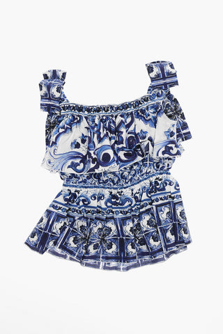 Majolica-Printed Sleeveless Dress with Bow Details