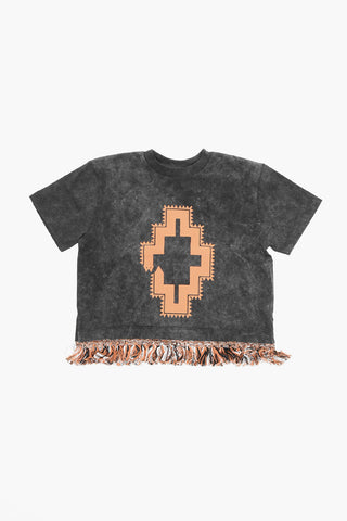 Acid Wash Effect Crew-Neck T-shirt with Fringe