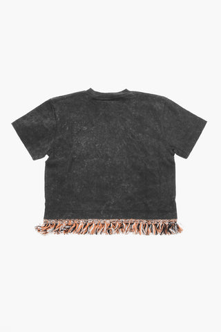 Acid Wash Effect Crew-Neck T-shirt with Fringe