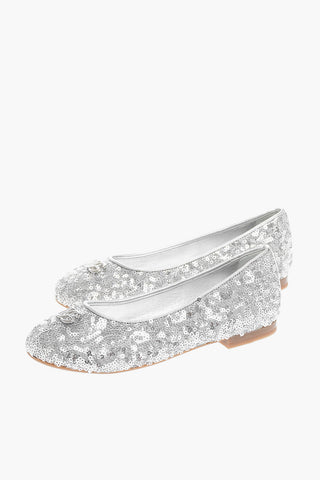 Solid Color Sequined Ballet Flats with Metal Logo