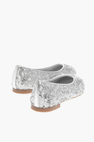 Solid Color Sequined Ballet Flats with Metal Logo