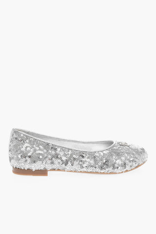 Solid Color Sequined Ballet Flats with Metal Logo