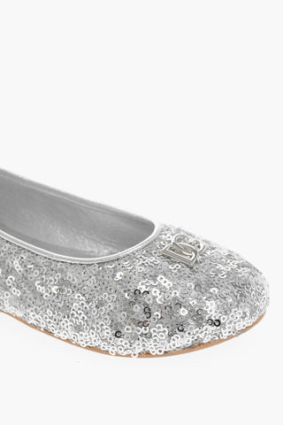 Solid Color Sequined Ballet Flats with Metal Logo