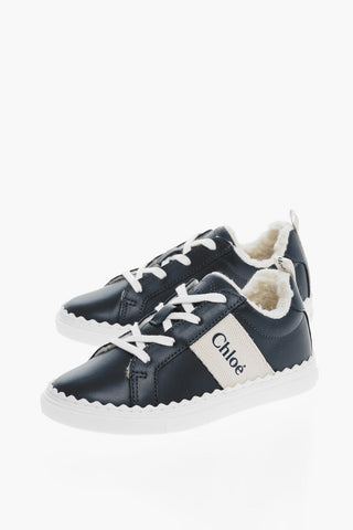 Leather Low Sneakers with Faux Fur Inner