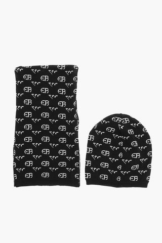 EMPORIO Virgin Wool Beanie and Scarf Set with All-Over Logo