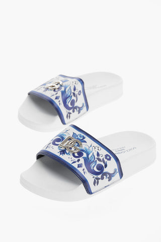 Baroque Motif Leather Slides with Silver-Tone Logo