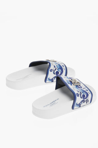 Baroque Motif Leather Slides with Silver-Tone Logo