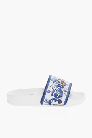 Baroque Motif Leather Slides with Silver-Tone Logo