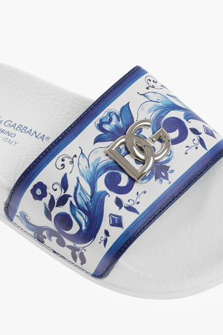 Baroque Motif Leather Slides with Silver-Tone Logo