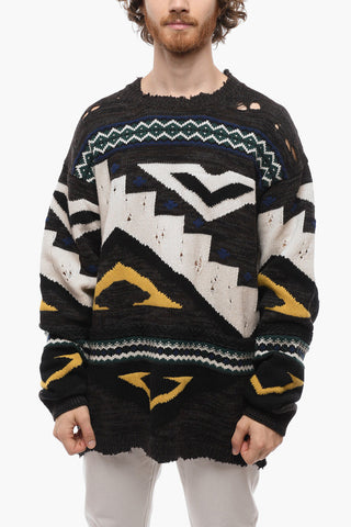 Distressed Jacquard Cashmere Blend Pullover with Crew Neck