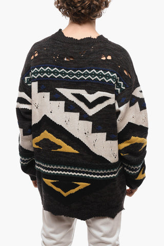 Distressed Jacquard Cashmere Blend Pullover with Crew Neck