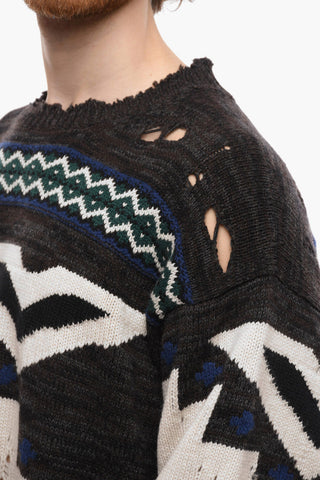 Distressed Jacquard Cashmere Blend Pullover with Crew Neck