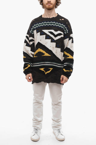 Distressed Jacquard Cashmere Blend Pullover with Crew Neck