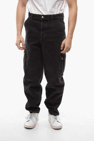 Pantaloni Cargo Mom Fit in Denim con Cuciture a Contrasto