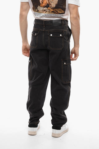 Pantaloni Cargo Mom Fit in Denim con Cuciture a Contrasto
