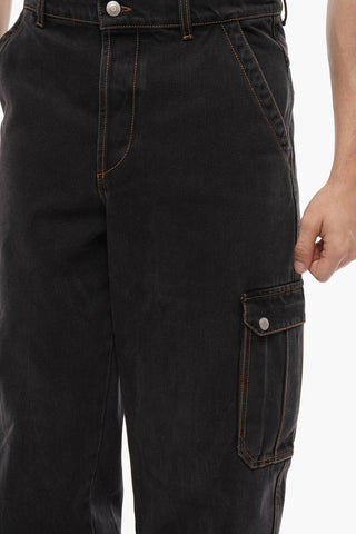 Pantaloni Cargo Mom Fit in Denim con Cuciture a Contrasto