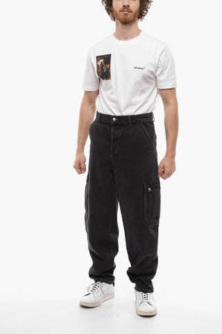 Pantaloni Cargo Mom Fit in Denim con Cuciture a Contrasto