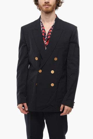 Blazer Doppiopetto in Misto Lana con Bottoni Logati
