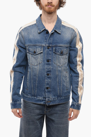 Giubbotto in Denim con Bande Laterali a Contrasto